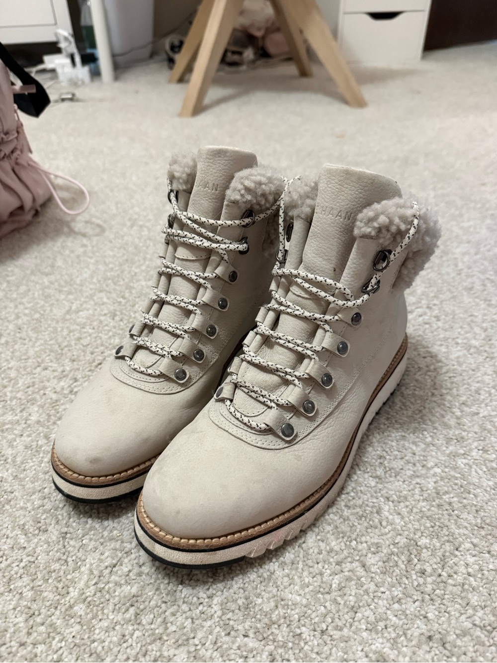 Cole Haan Cream Shearling-Trim Hiking Booties